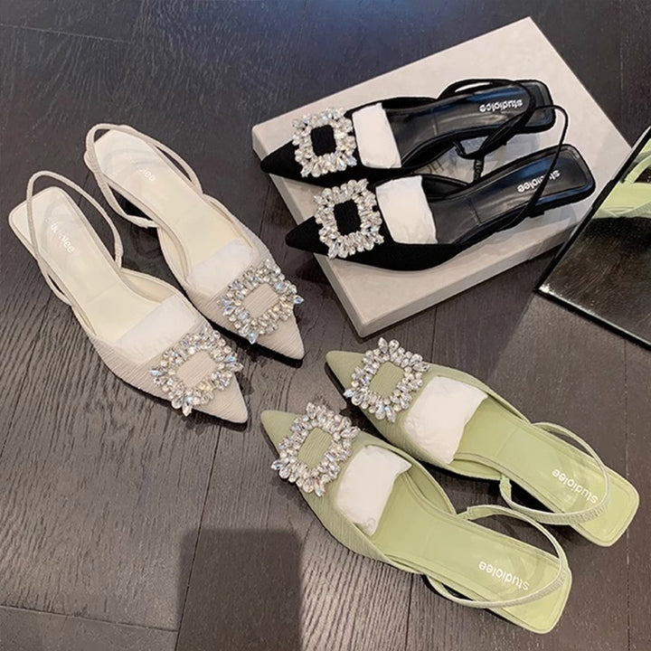 Dame Elegant Spids-Tå Slingback-Hæle med Strass-Accenter Stilla