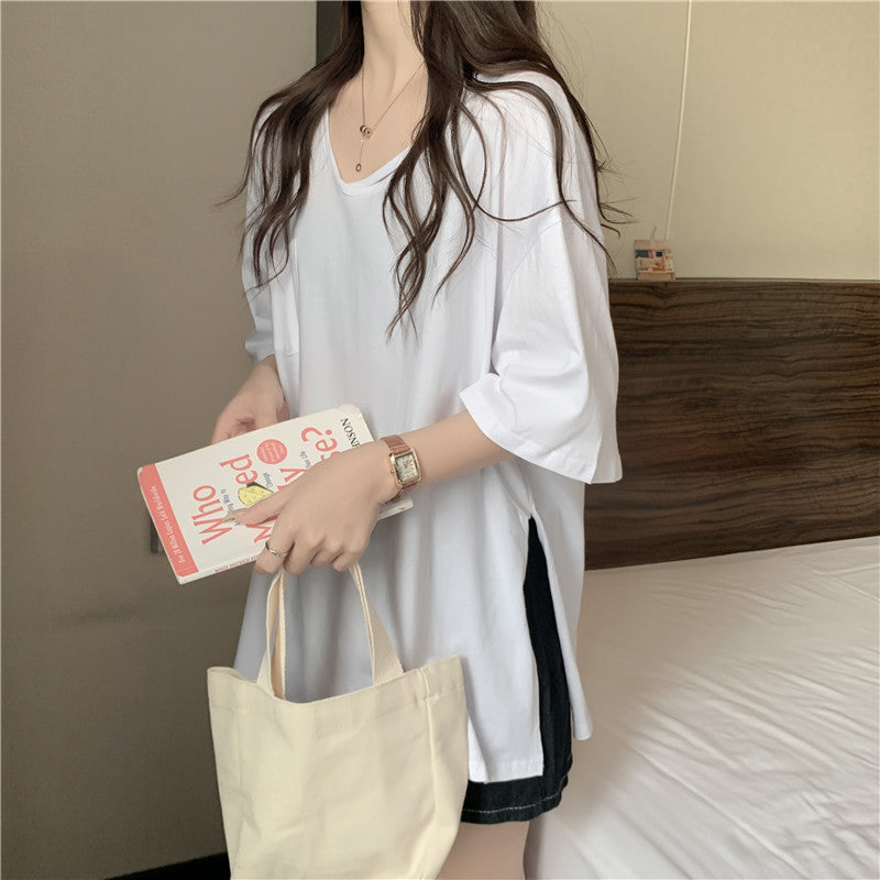 Femme afslappet oversized V-hals T-shirt med lomme Stilla