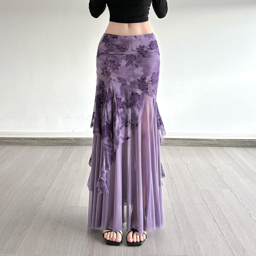 Dame Maxi-nederdel med blomstret design og asymmetrisk snit Skovae