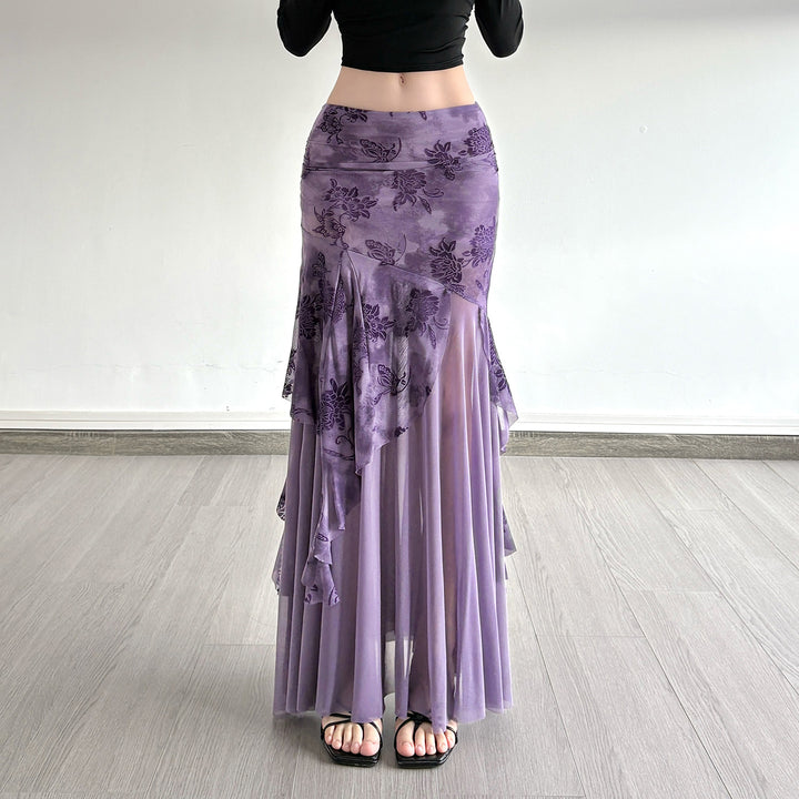 Dame Maxi-nederdel med blomstret design og asymmetrisk snit Skovae