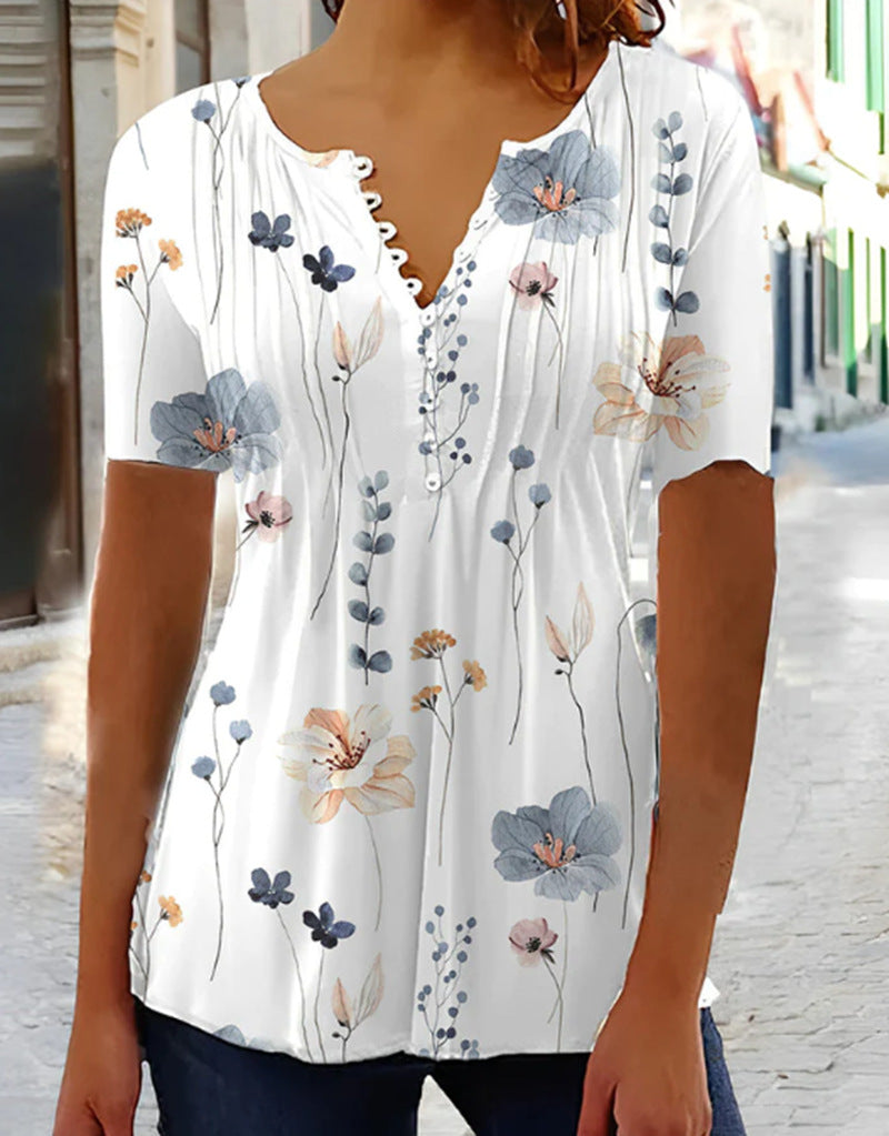 Dame kortærmet bluse med blomstret design Stilla