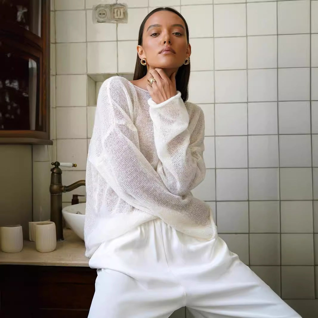 Damer casual sweater med brede ærmer og fint huller strik design Stilla