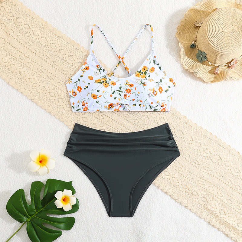 Dame bikini-sæt med moderne blomsterprint og højt bælte Stilla