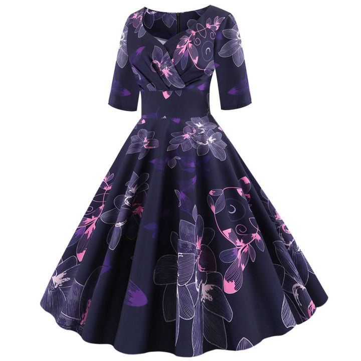 Dame Floral Print A-Linie Kjole med Elegant V-Udskæring Stilla