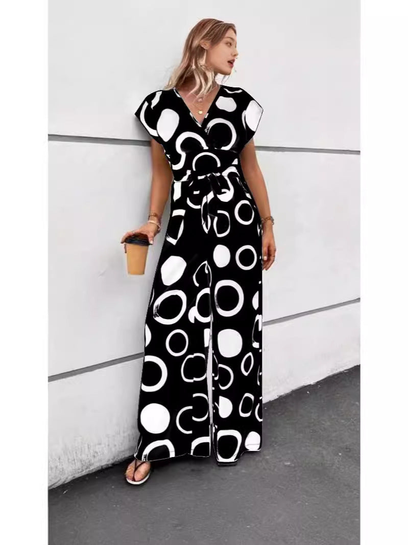 Dame Mode Wide-Leg Jumpsuit med bindebånd og grafisk mønster Stilla