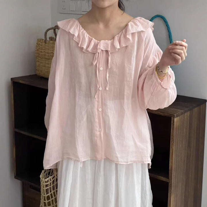 Femme Transparent Ruffle Krave Button-Up Bluse Stilla