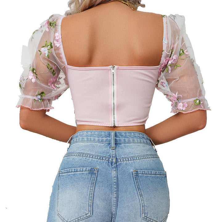 Dame Blomsterdekoreret Netbluse Stilla