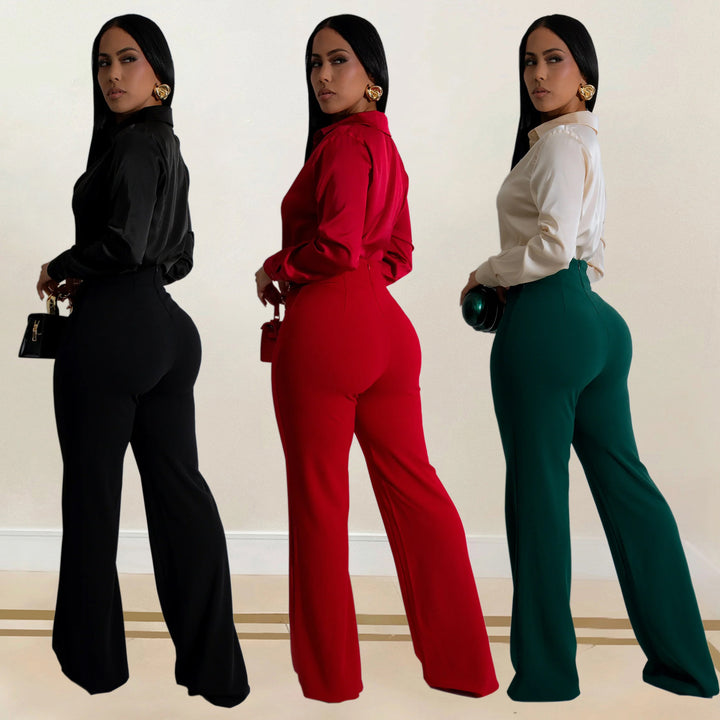 Dame Elegant bluse- og bukse-sæt med høj talje og glansfuldt finish Stilla