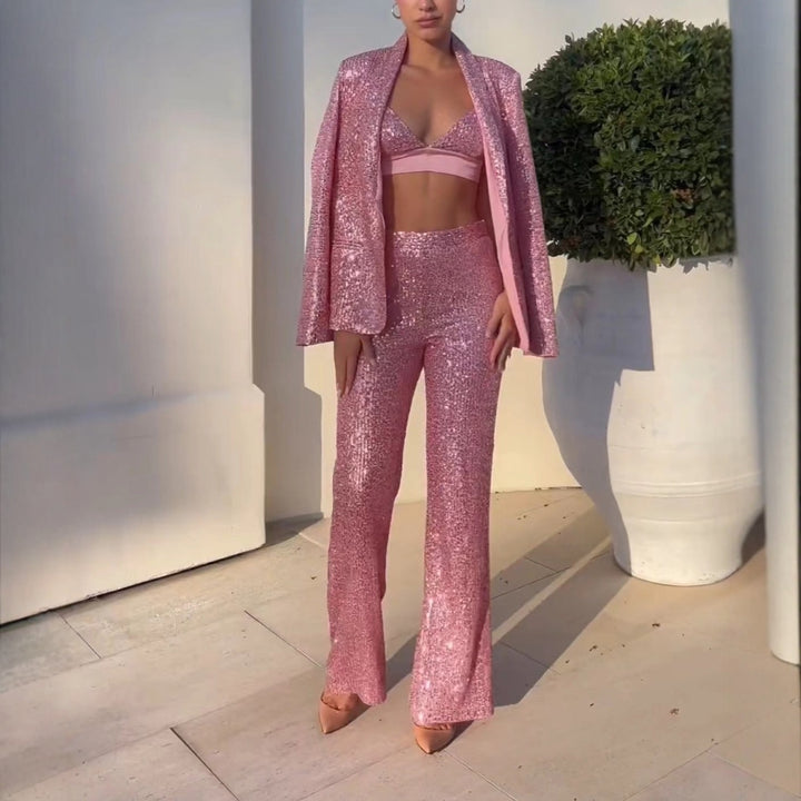Kvinders to-delt glitrende jumpsuit sæt med elegant blazer og tætsiddende top