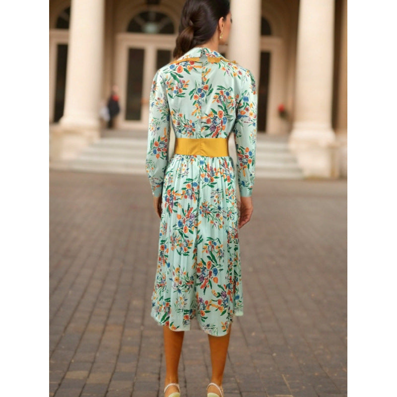 Dame Floral Print Midi Kjole med Bælte Talje Stilla