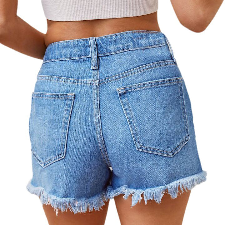 Kvindernes mode denim shorts i ødelagt look med frynset kant Stilla