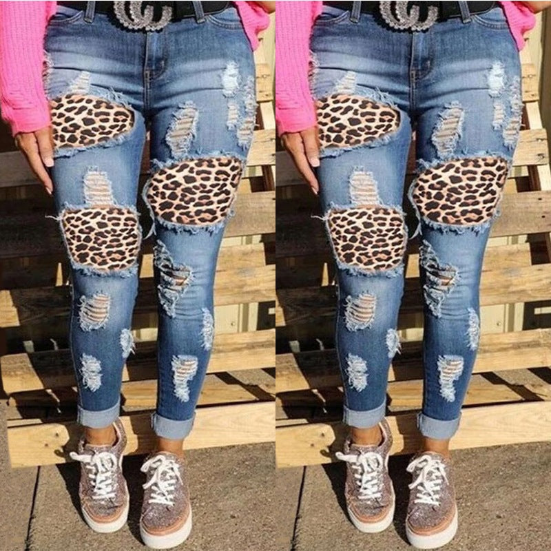 Dame Ripped Skinny Jeans med leopardmønster-applikationer Stilla
