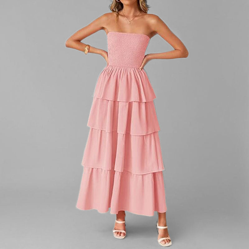 Dame Lang Rynketkjole med off-shoulder design og elastisk overdel Stilla