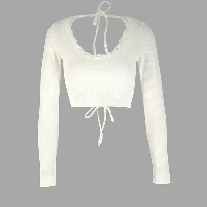 Dame Crop Top med flæsedetaljer og rygbindning Skovae