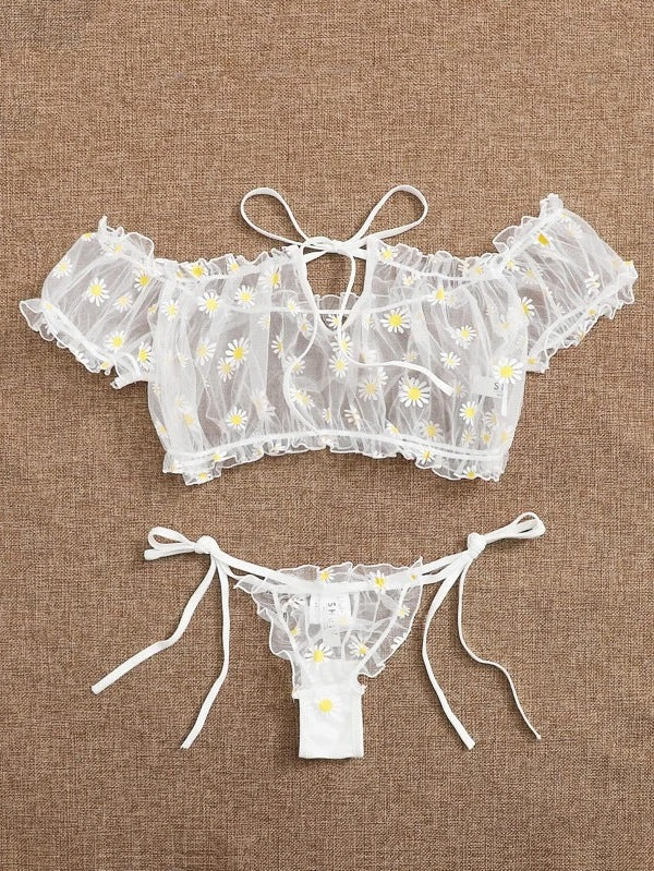 Dame Floral Broderet Crop-Top og Cheeky Brief-Sæt Stilla