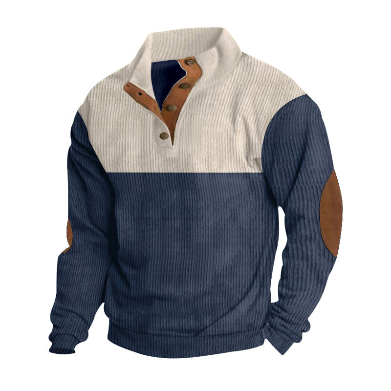 Herrer nan ribstrikket sweater med ståkrave knapliste og læderalbue-patches Skovae
