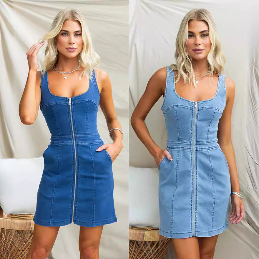 Dame Denim Kjole med Lynlås og Praktiske Lommer Stilla
