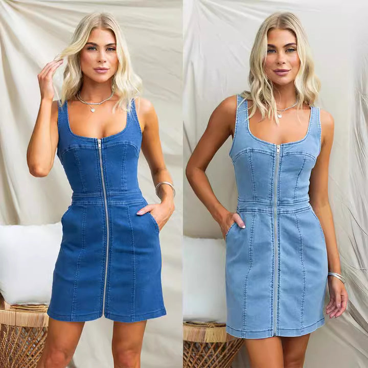 Dame Denim Kjole med Lynlås og Praktiske Lommer Stilla
