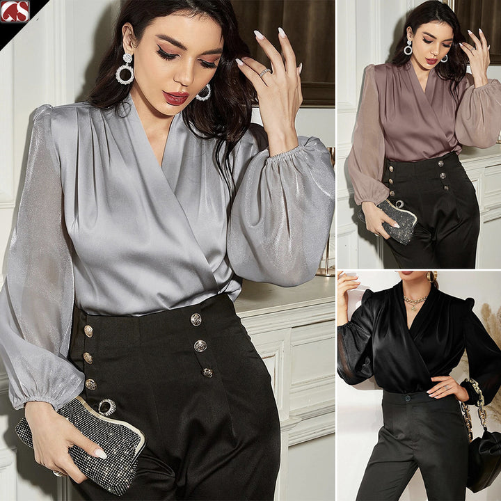 Damebluse med elegant vikleeffekt og gennemsigtige ærmer Stilla