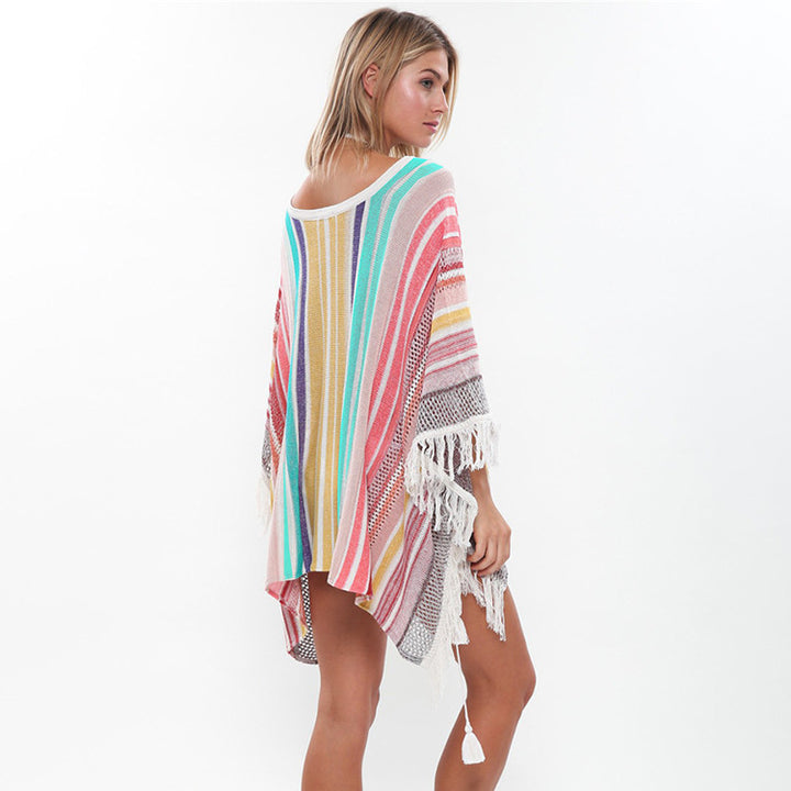 Dame Strandponcho med farverigt frynse-design Stilla