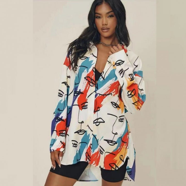 Femme Kunstnerisk Print Oversize Knap-Up Skjorte Stilla