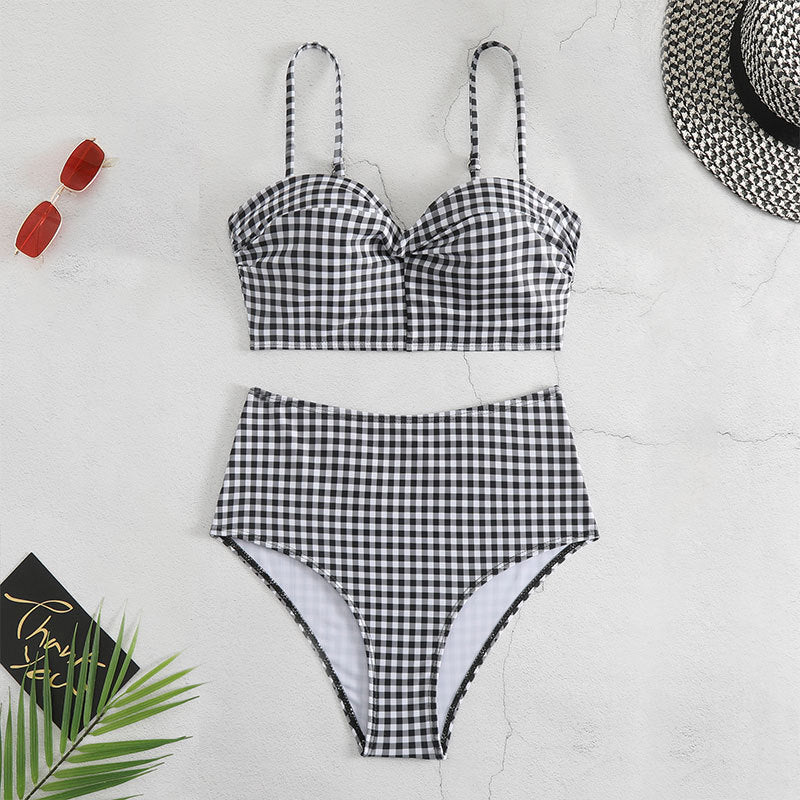 Dame Crop Top Bikini med moderigtigt ternet mønster og høj taljebund Stilla