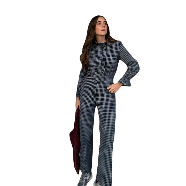 Damer Glamourøst Rutig Mønster Jumpsuit med Høj Krave og Knapfront Stilla