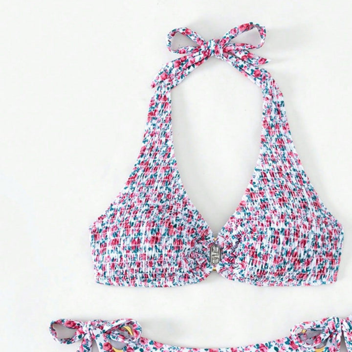 Dame triangel-bikini med legesygt blomsterdesign og komfortable sløjfer Skovae