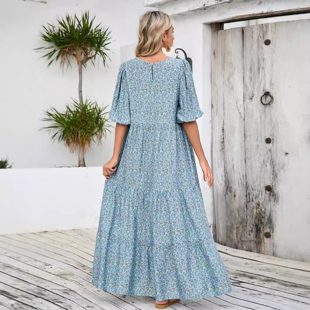 Dame maxikjole med legende floral design og elastisk taljebånd Stilla