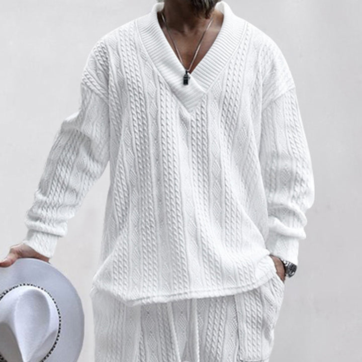 Herren nan Oversize Fletmønster-Longpullover med dyb V-halsudskæring og matchende strikbukser Skovae