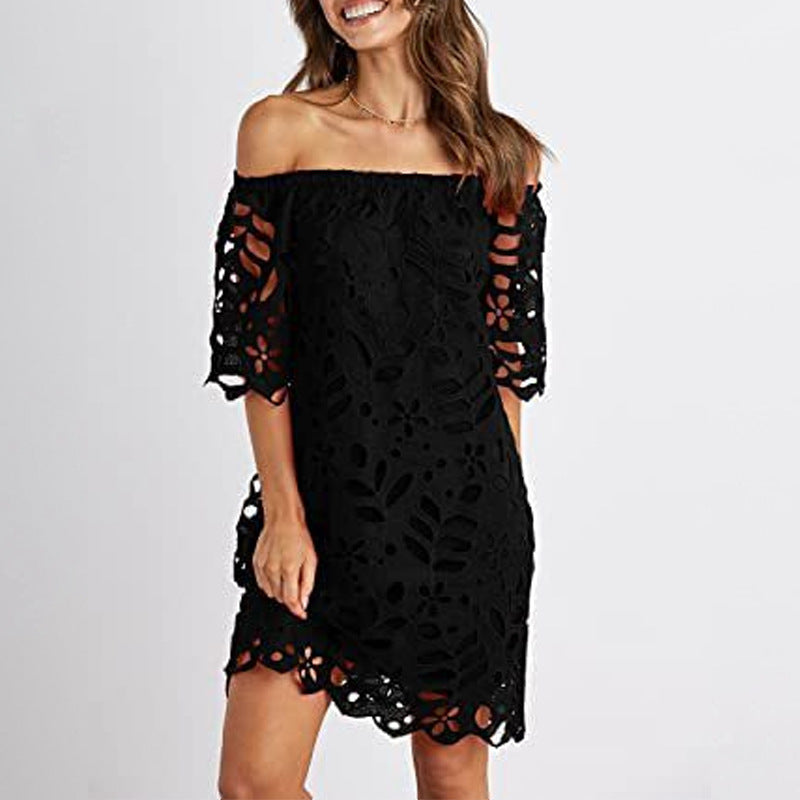 Dame Romantisk Off-Shoulder Kjole med blomstret huller mønster og bredt skårne ærmer Stilla