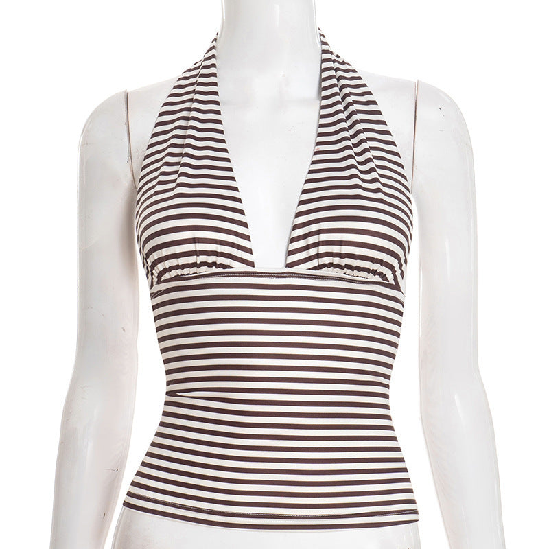 Dame Wrap-Bikini-top med sofistikeret halter-design og stribet mønster Skovae