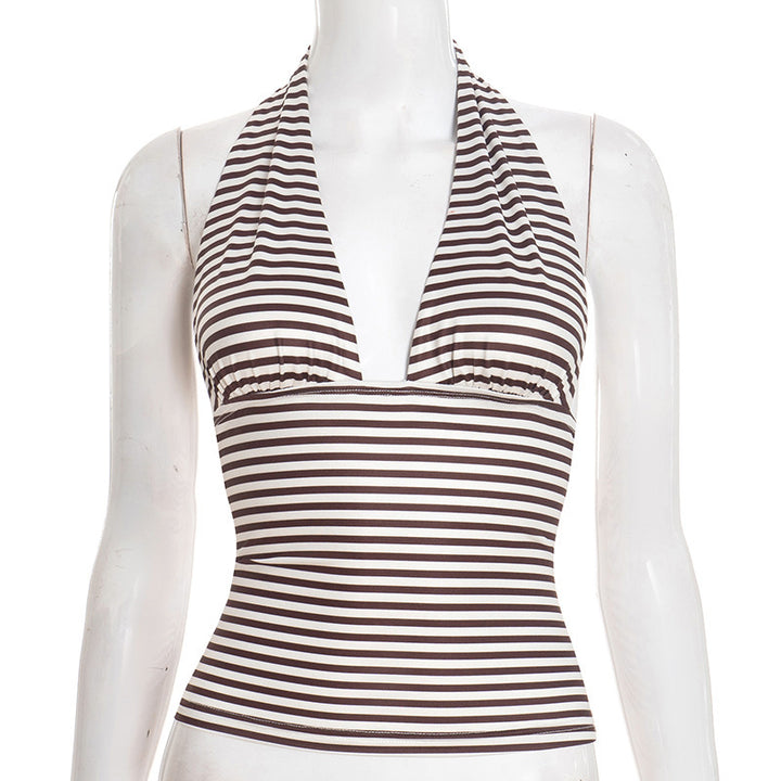 Dame Wrap-Bikini-top med sofistikeret halter-design og stribet mønster Skovae