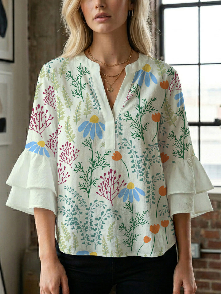 Dame bluse skjorte med voluminøse ærmer og blomstermønster Skovae