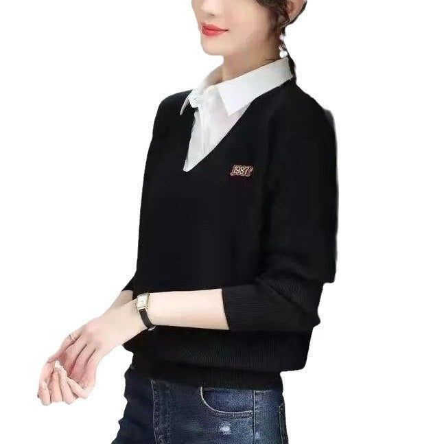 Kvinders elegante V-hals sweater med skjortekrave Stilla
