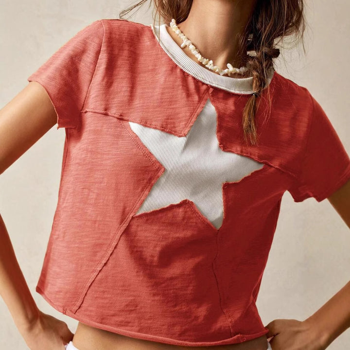 Dame T-shirt med kreativt stjernemblem og struktureret materiale Stilla