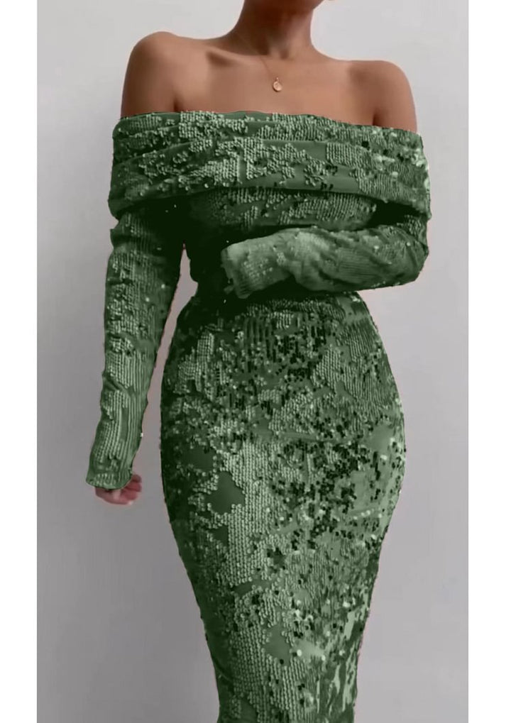 Kvindernes glamourøse aften kjole med glitrende perler og off-shoulder detalje