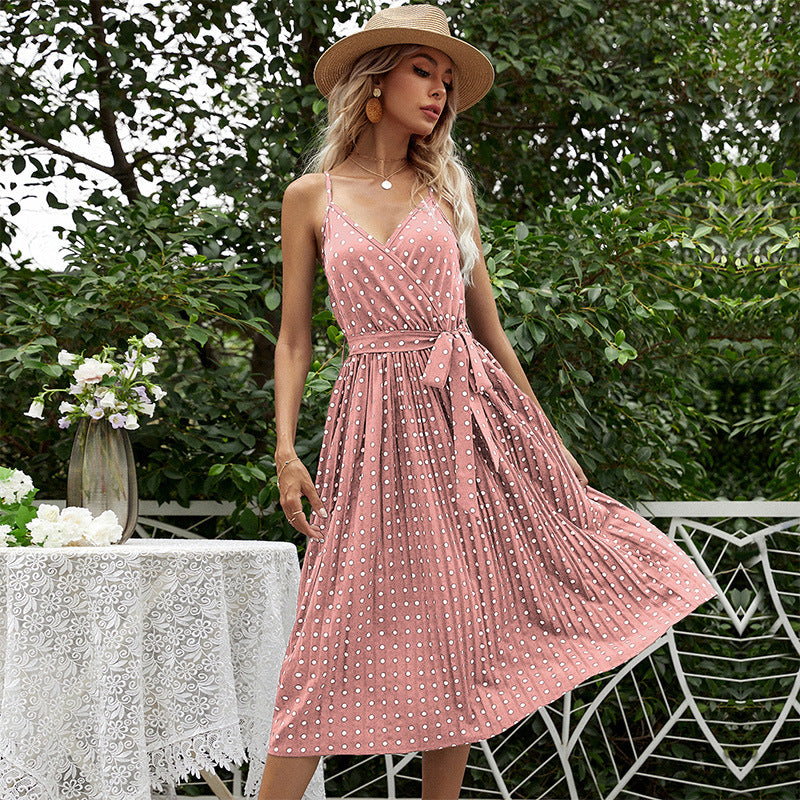Dame Polka Dot Midi Kjole med Bæltetaske Stilla