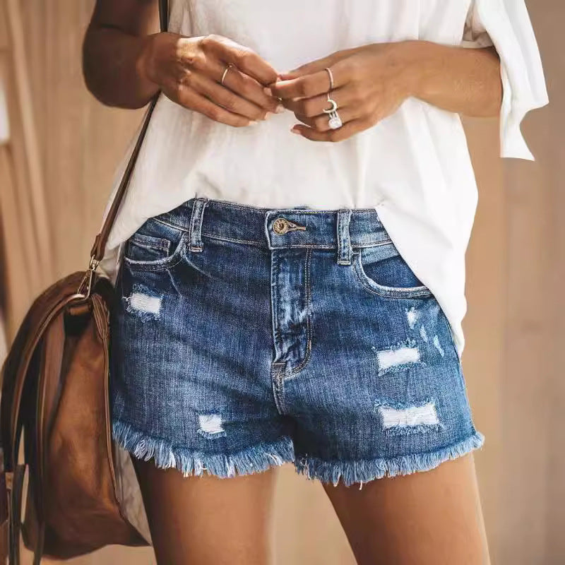 Dame Destroyed Denim-Shorts med frynset kant og afslappet pasform Skovae