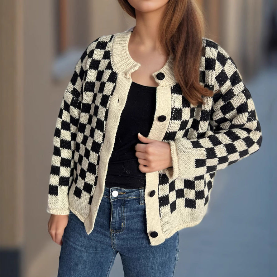Kvinders mønstrede cardigan med store knapper og løs pasform Stilla