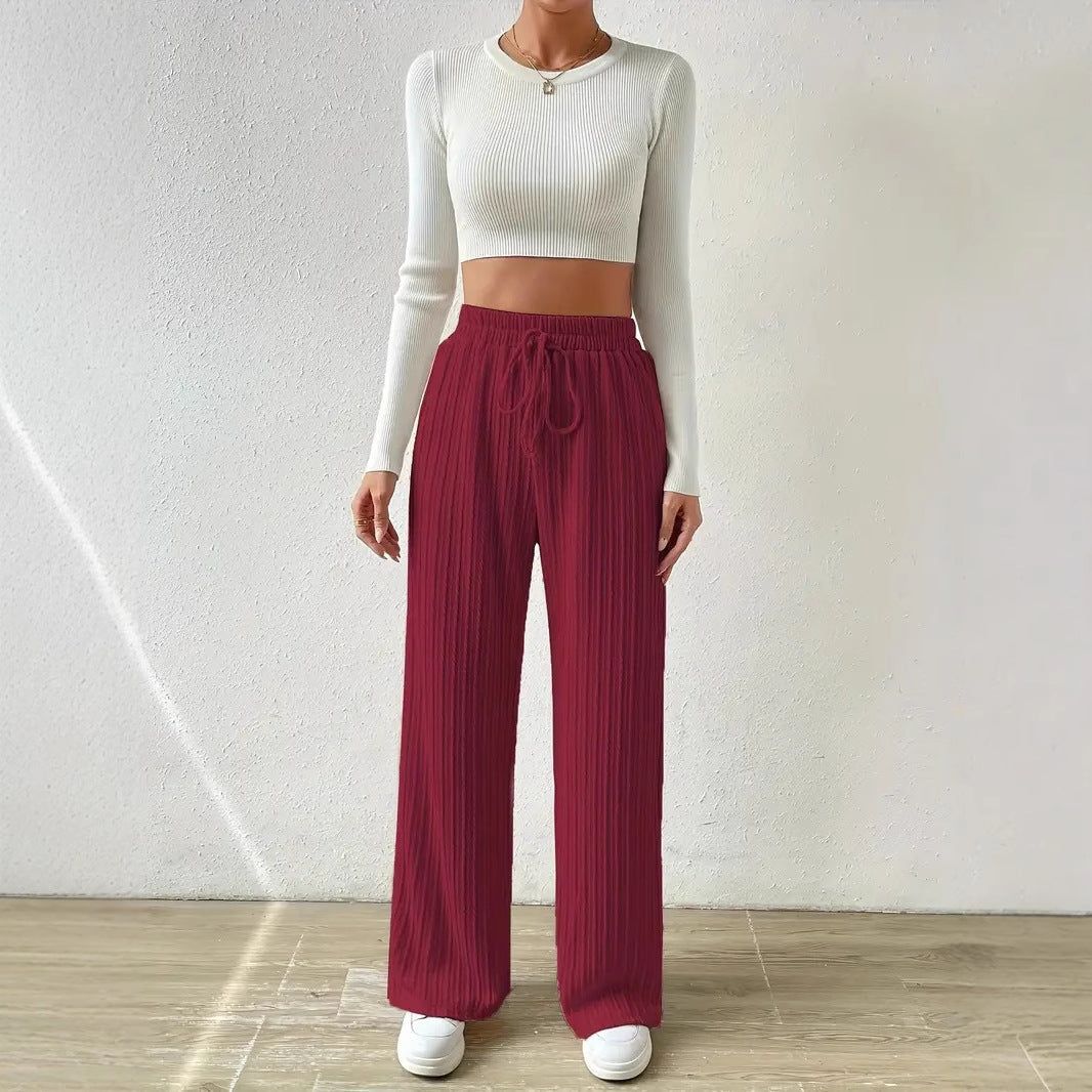 Dame hyggelige strikkepalazzo-bukser i elegant ribdesignet med elastisk talje Stilla