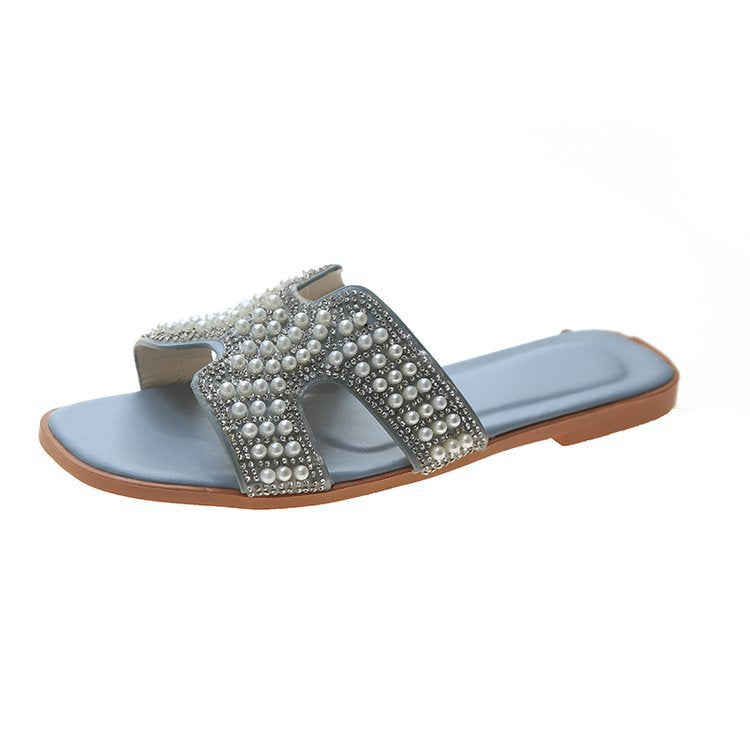 Dame mode slide-sandaler med funklende perle- og rhinestones dekoration Stilla