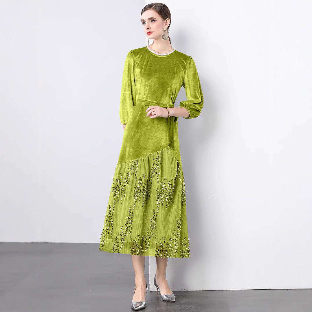 Dame Elegant maxikjole med glitrende velour og kunstneriske udsmykninger Stilla