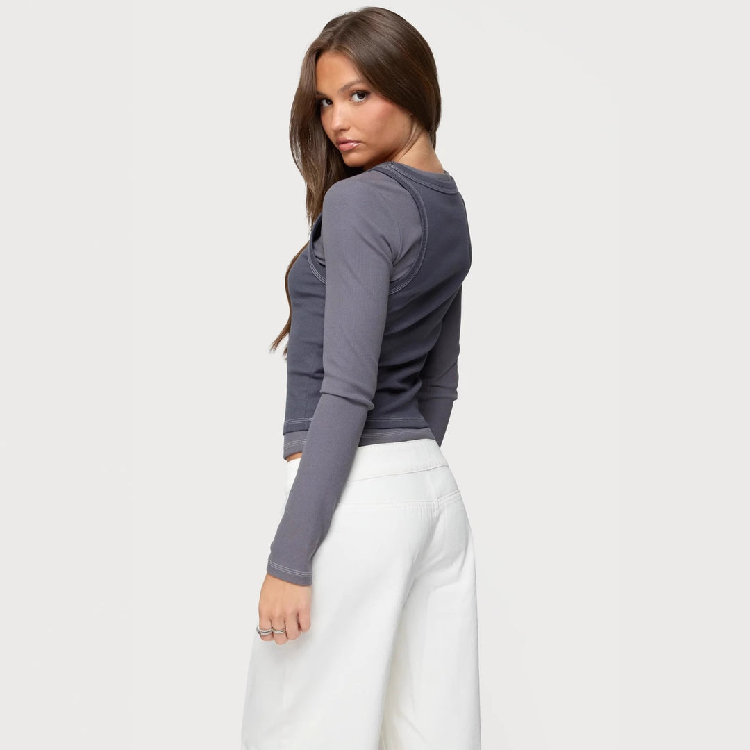 Dame Langærmet Crop Top med moderigtigt farvekontrast og sømløs udførelse Skovae