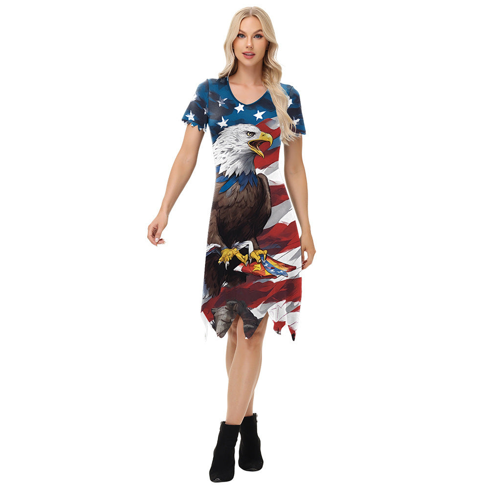 Dame afslappet T-shirt kjole med amerikansk flag mønster og asymmetrisk kant Stilla