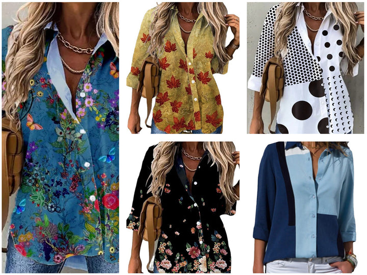 Dame bluse top med florale detaljer og elegant krave Stilla