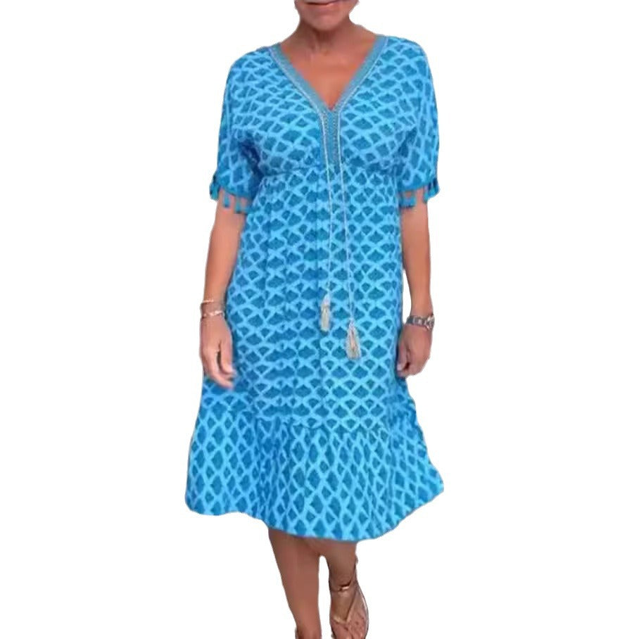 Dame nan casual midi kjole i kaftan stil med V-halsudskæring, kvaster bånd, rynket empire søm og frynseærmer Skovae