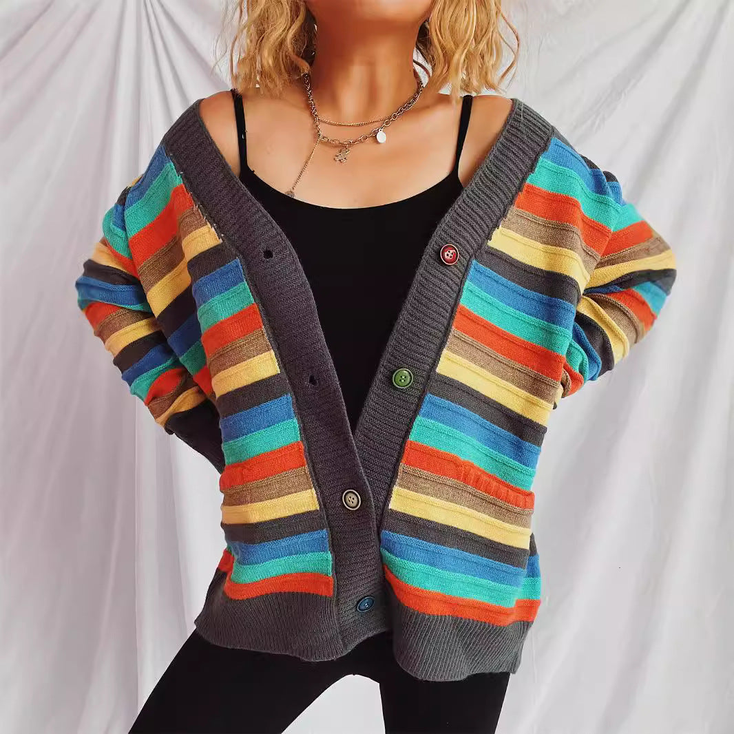 Kvinder casual cardigan med farverigt stribemønster og løs pasform Stilla