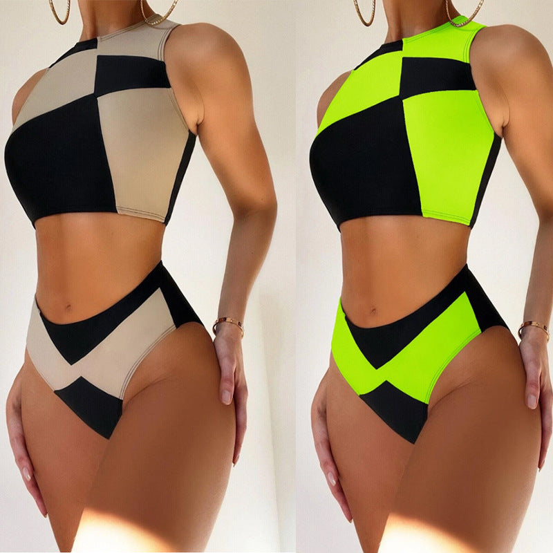 Dame Sporty Højskåret Bikini-Sæt med Farveblokdesign Stilla