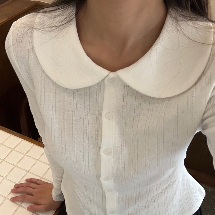 Dame Langærmet Crop-Top med stilfuld krave og knapliste Skovae